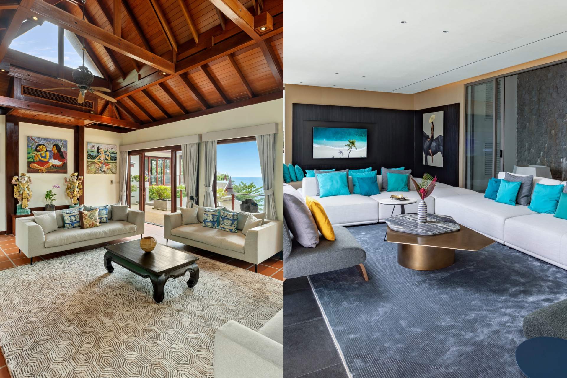 The contrasting living room designs of Villa Horizon and The Aquila Villa